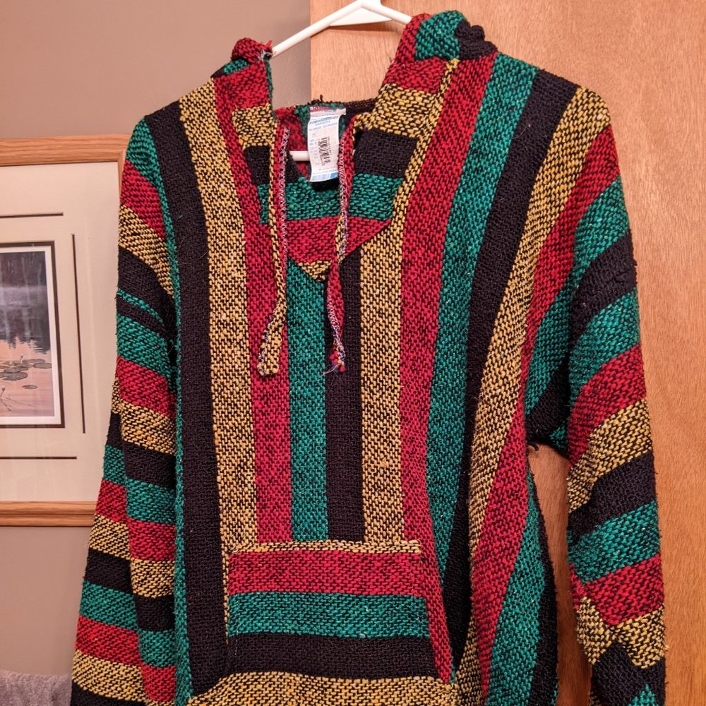 Authentic Mexican Baja Hoodie - Woven Pullover Sweater Jacket, size L
